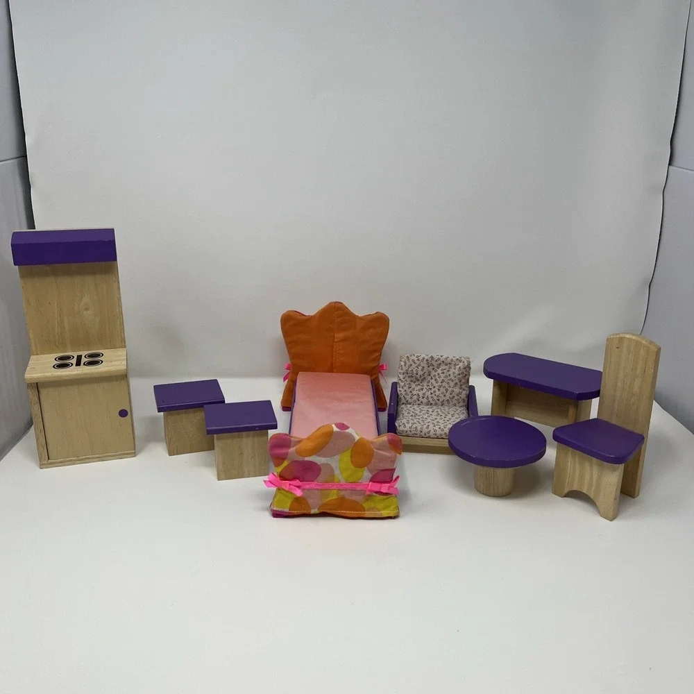 2003 Geoffrey Wood Fashion Dollhouse Furniture Table Chairs Set Of 8 Purple